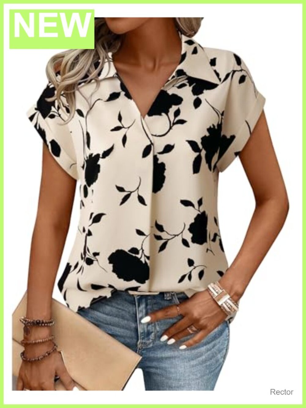 Women's Floral V-Neck Short Sleeve Blouse Dolman Sleeve Tunic Work Top